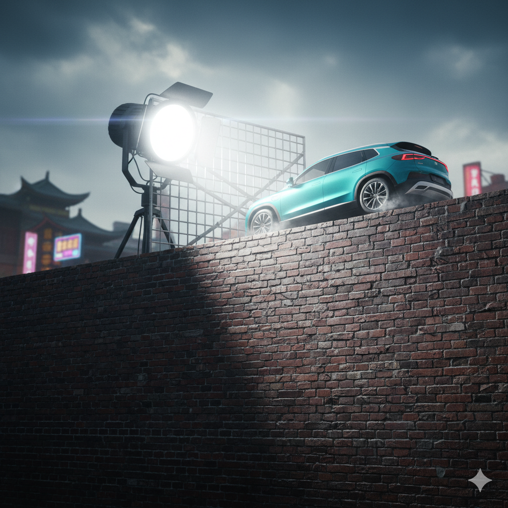 A BYD car next to a US flag, illustrating the market barrier