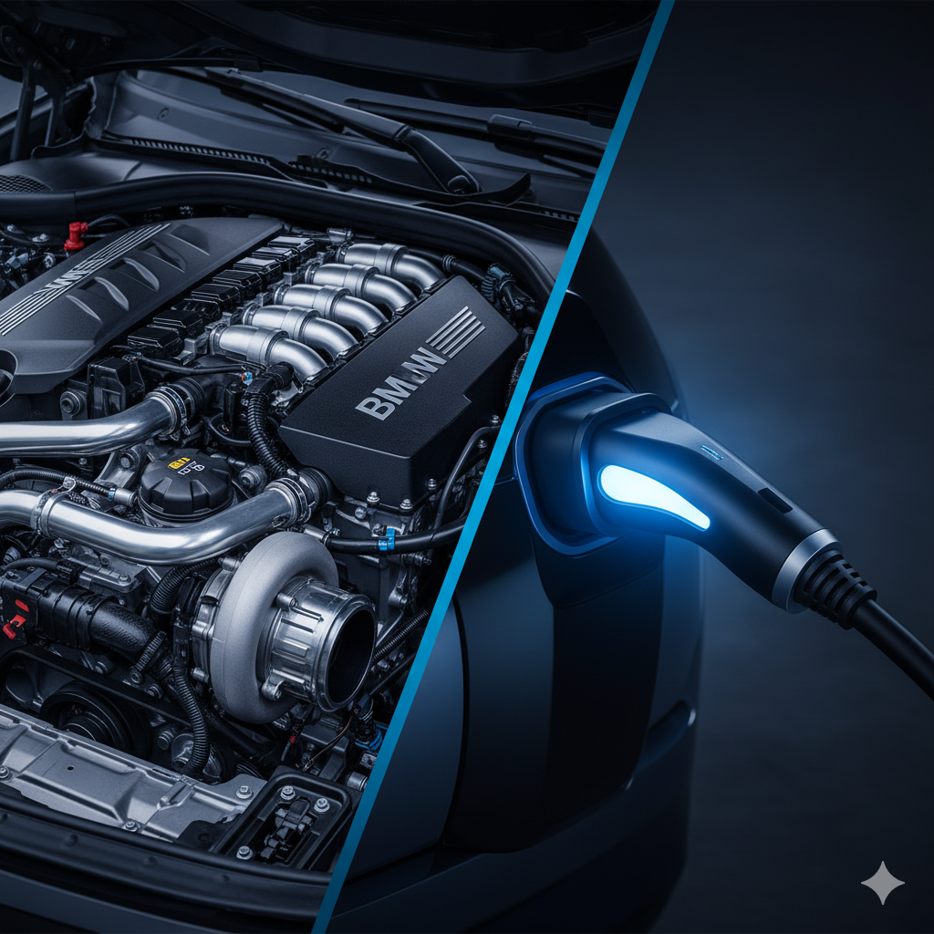 A modern hybrid engine next to an electric motor, representing the dual strategy