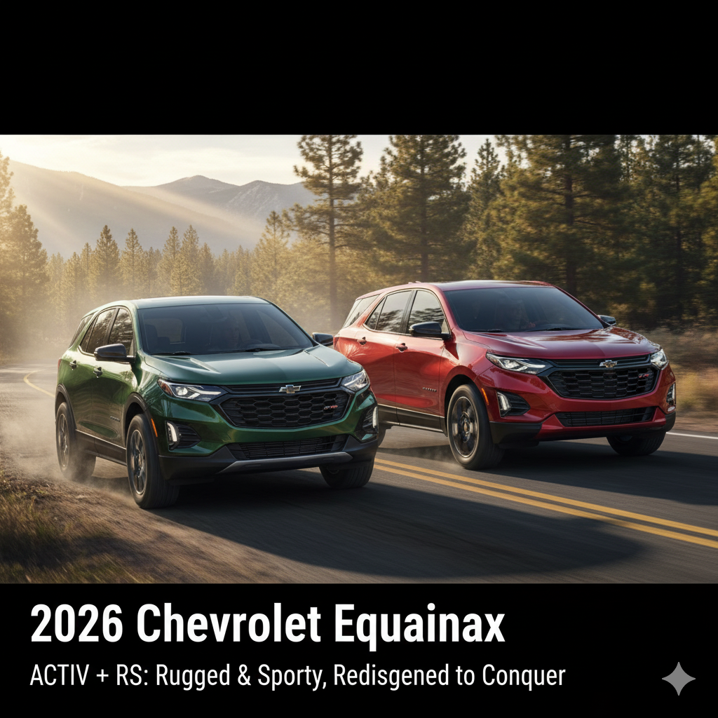 A redesigned 2026 Chevrolet Equinox, highlighting the different looks of the ACTIV and RS trims.