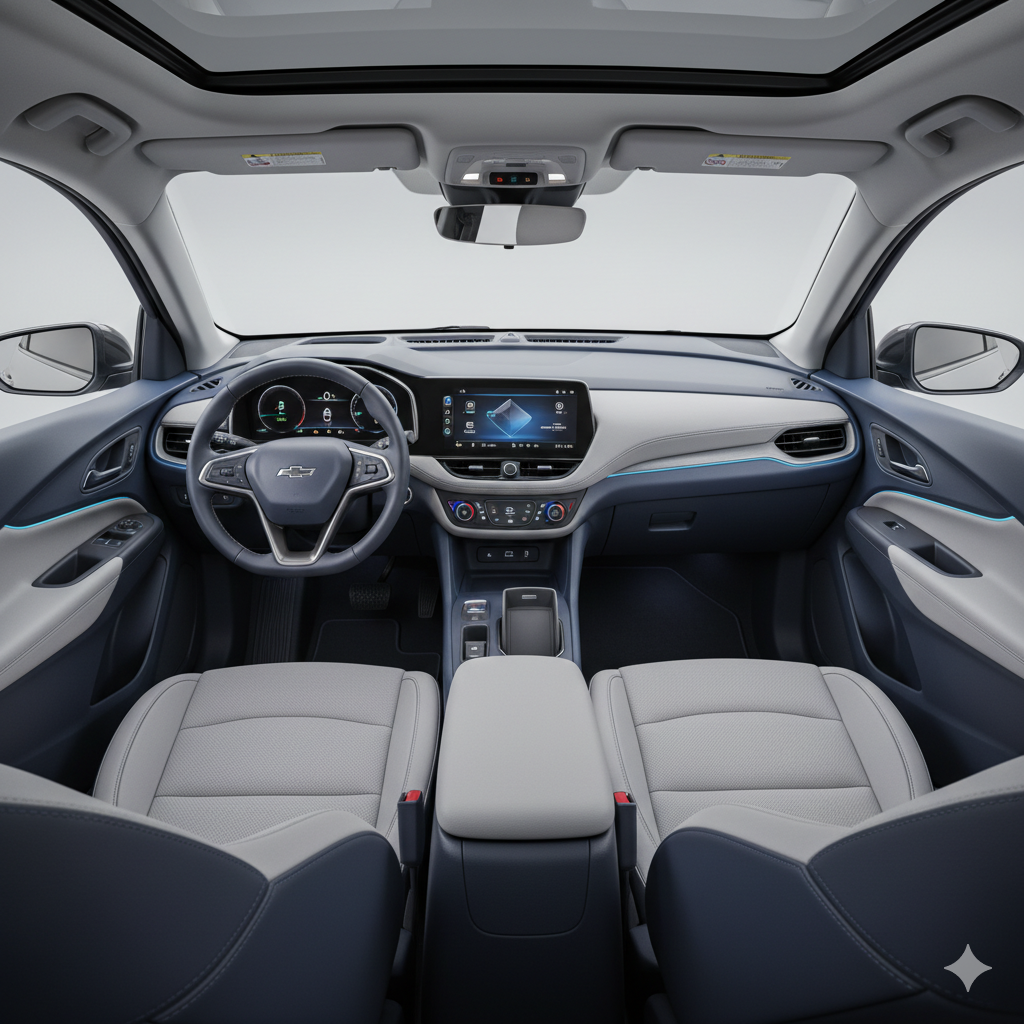 The modern, tech-forward interior of the 2026 Chevrolet Equinox, showing the large central touchscreen and digital gauge cluster.