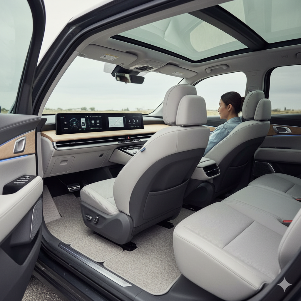 The interior of the Kia EV9 showing the second-row seats swiveled to face the third row.