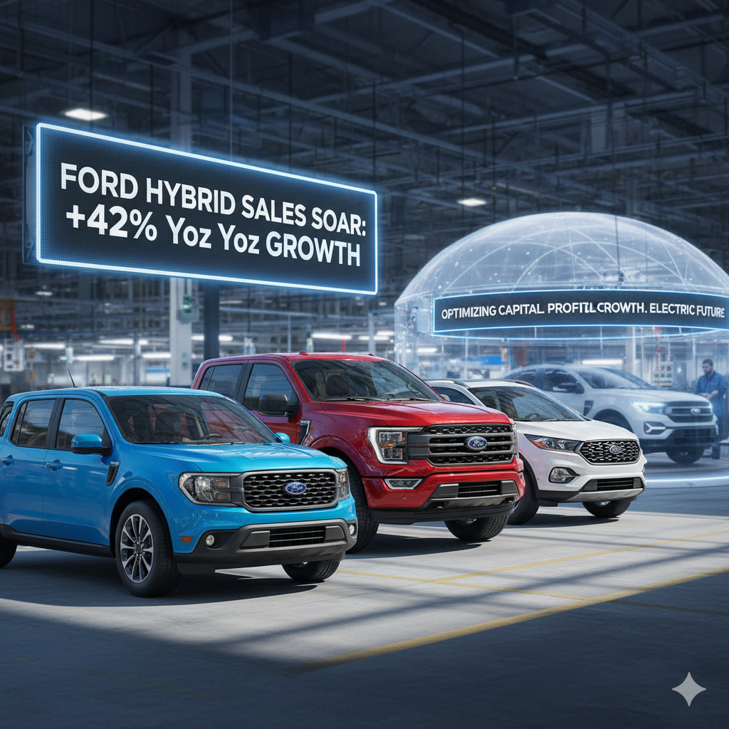 A strategic image showing Ford's popular hybrid models like the Maverick and F-150.