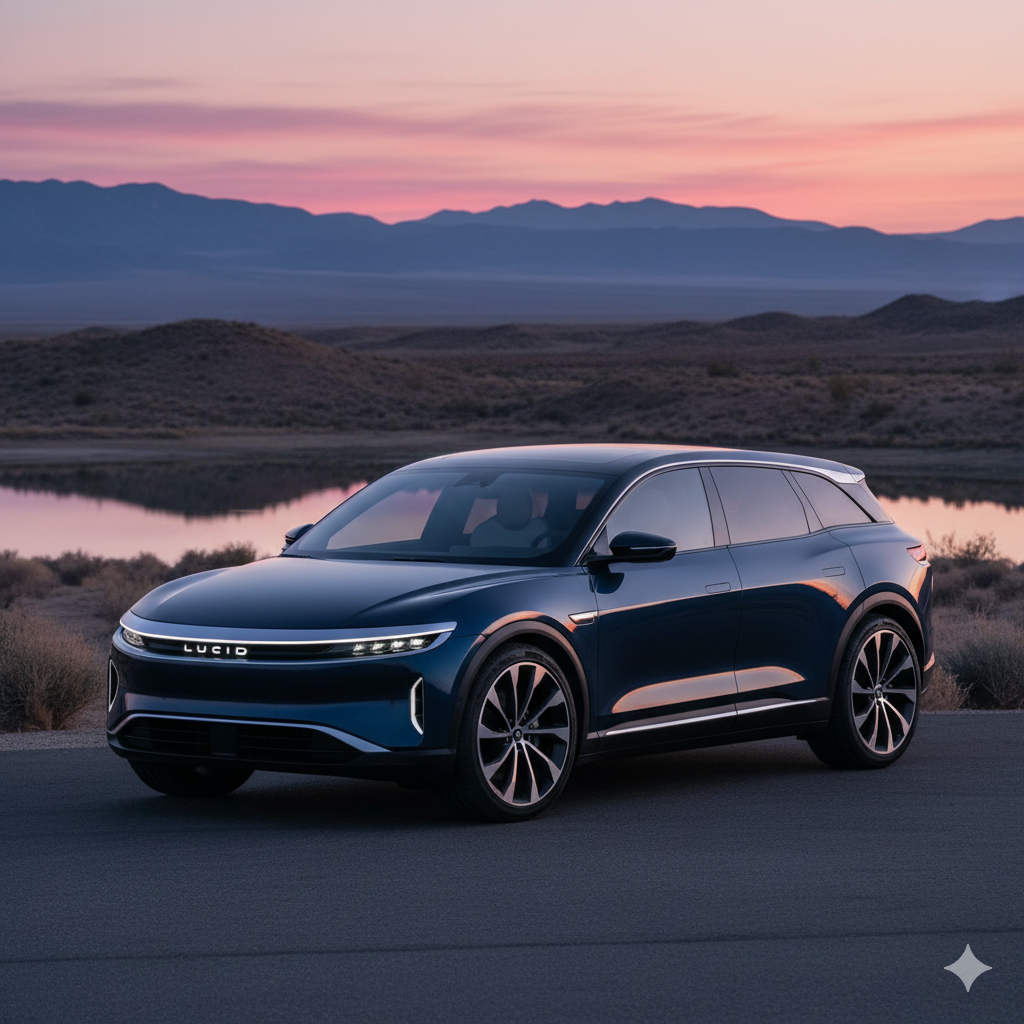 A sleek and futuristic-looking Lucid Gravity electric SUV in a desert landscape.