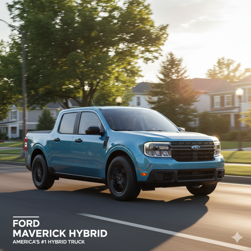 A Ford Maverick hybrid pickup truck driving on a suburban street.