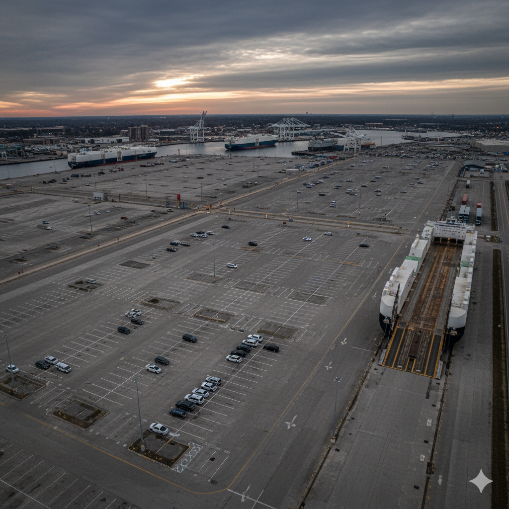 Aerial view of a nearly empty car shipping port terminal