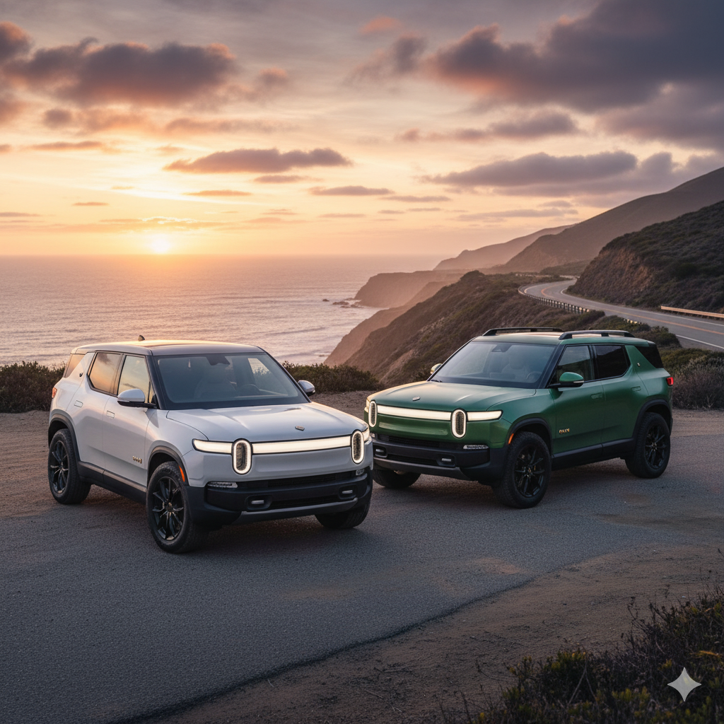 The new 2027 Rivian R3 and performance R3X electric crossovers parked together in a desert landscape.