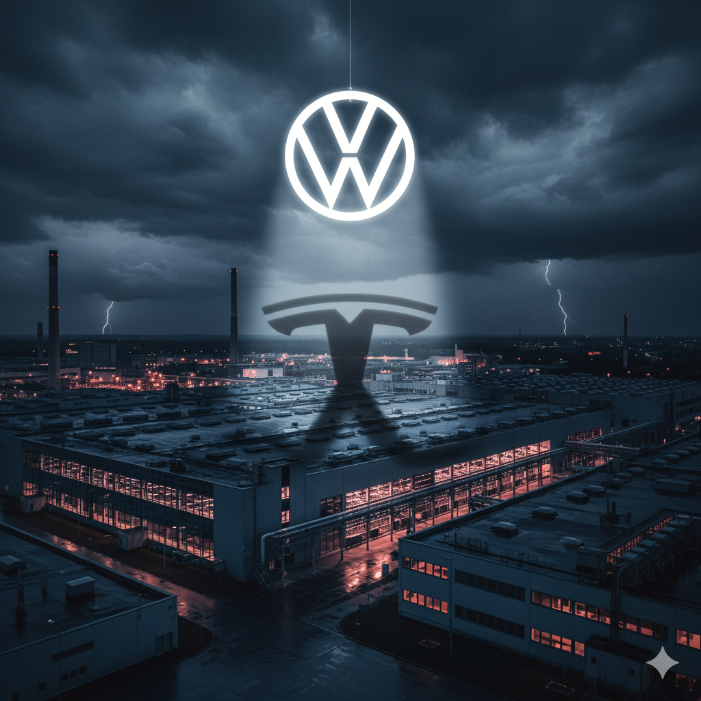 A Volkswagen ID. model with a struggling graph in the background