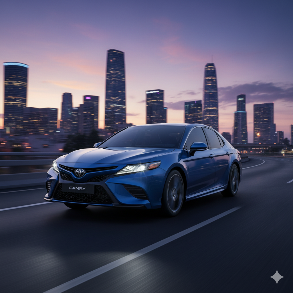 A sleek and modern 2025 Toyota Camry parked on a scenic, curving road.