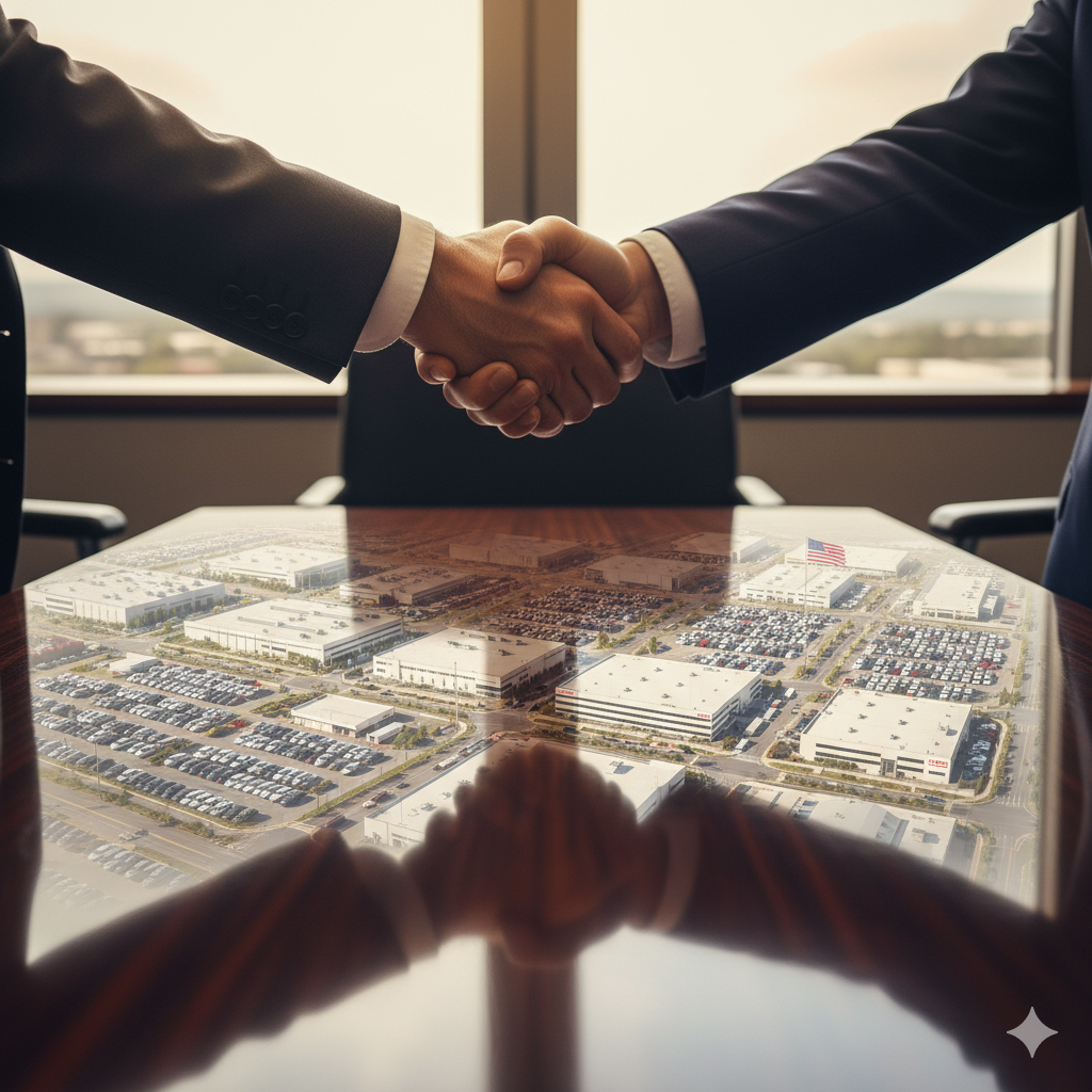 A Toyota car next to a US manufacturing plant