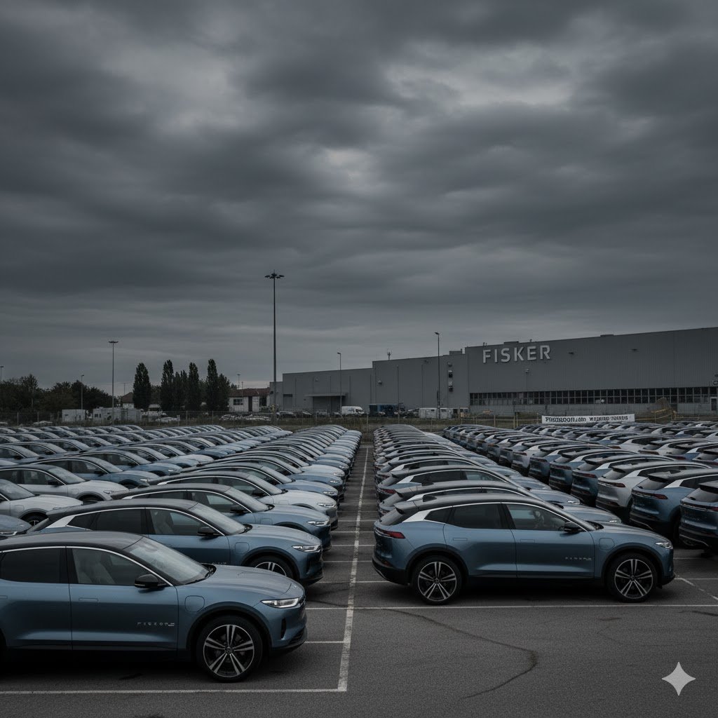 A fleet of Fisker Ocean SUVs parked in a lot, representing unsold inventory.