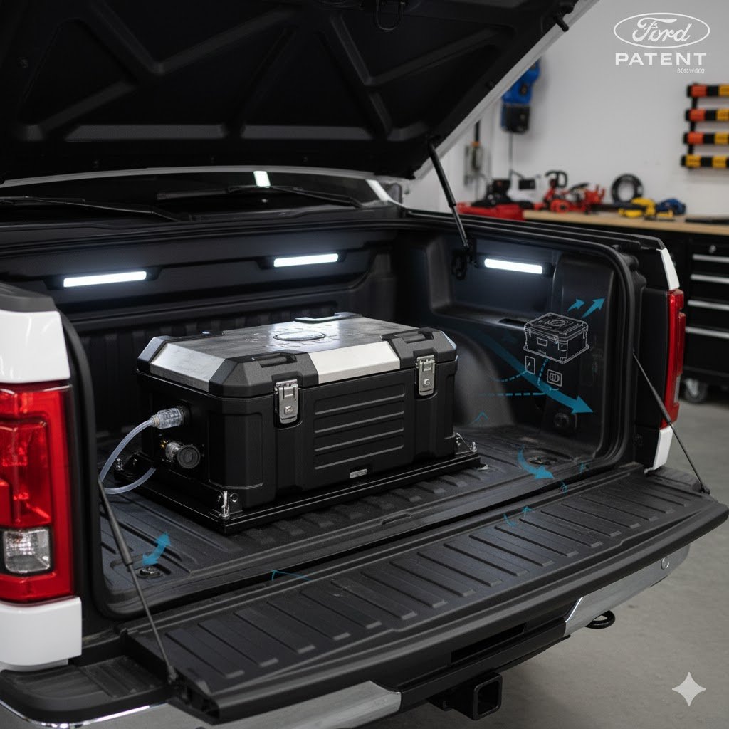 The front trunk, or frunk, of a Ford F-150 Lightning electric truck.