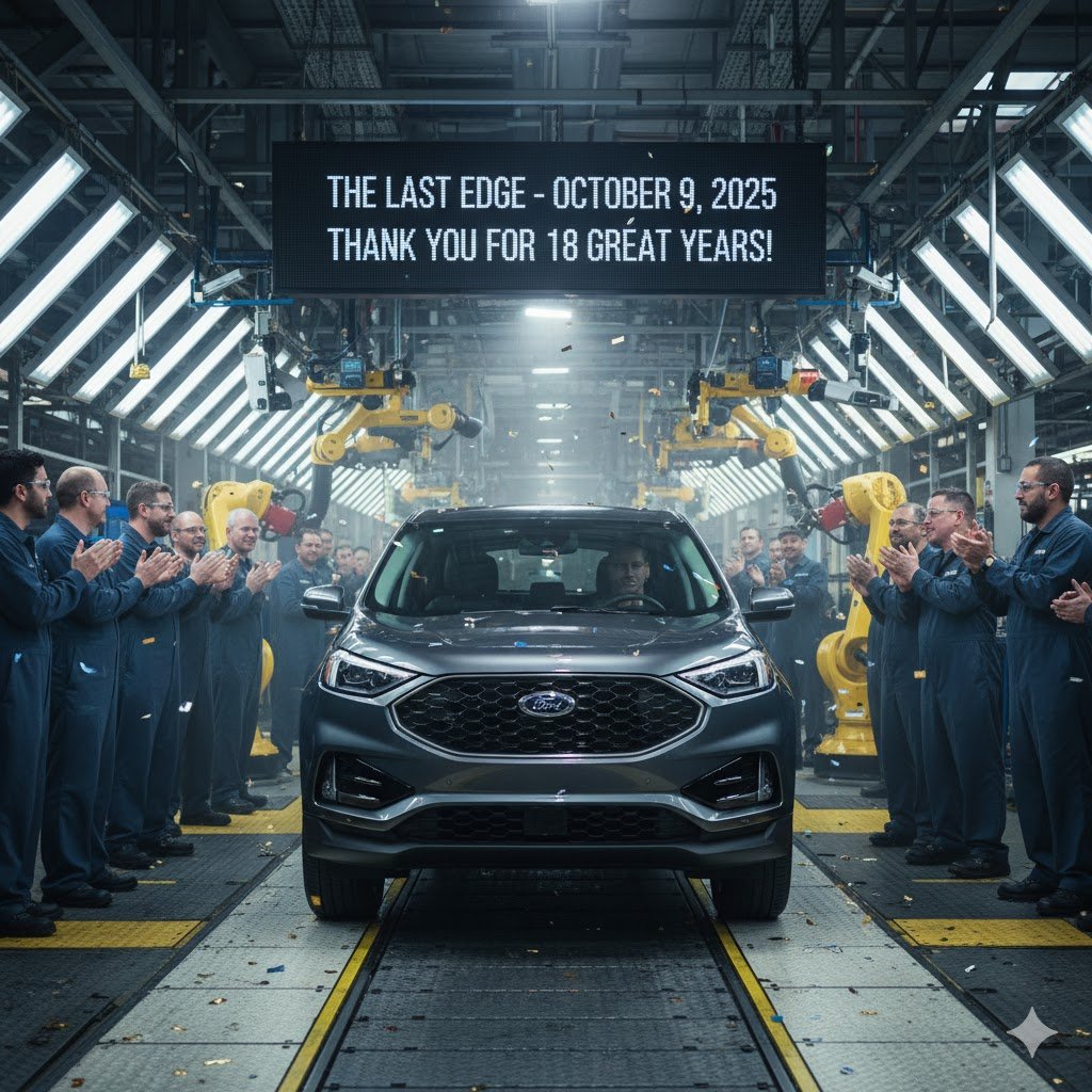 The final Ford Edge SUV rolls off the production line at the Oakville Assembly Complex.