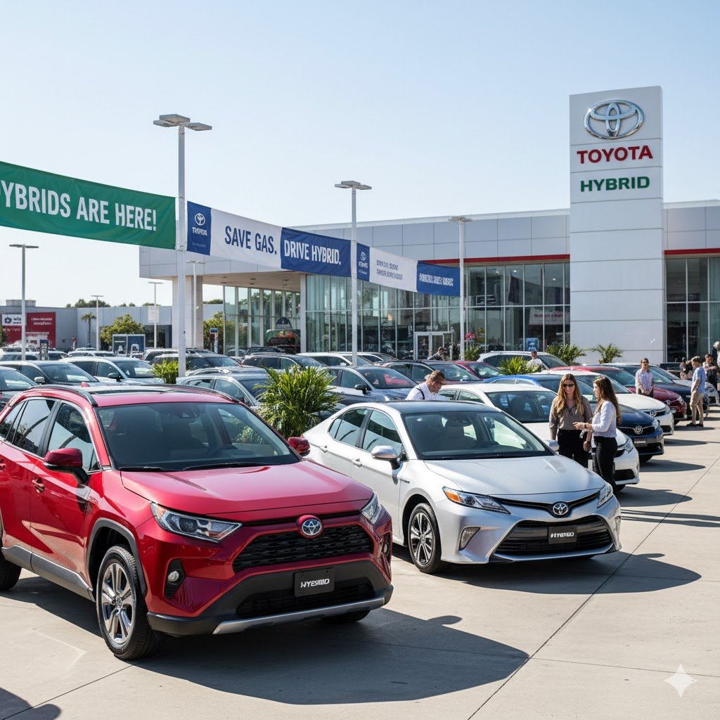 A variety of Toyota hybrid models on display at a car dealership.