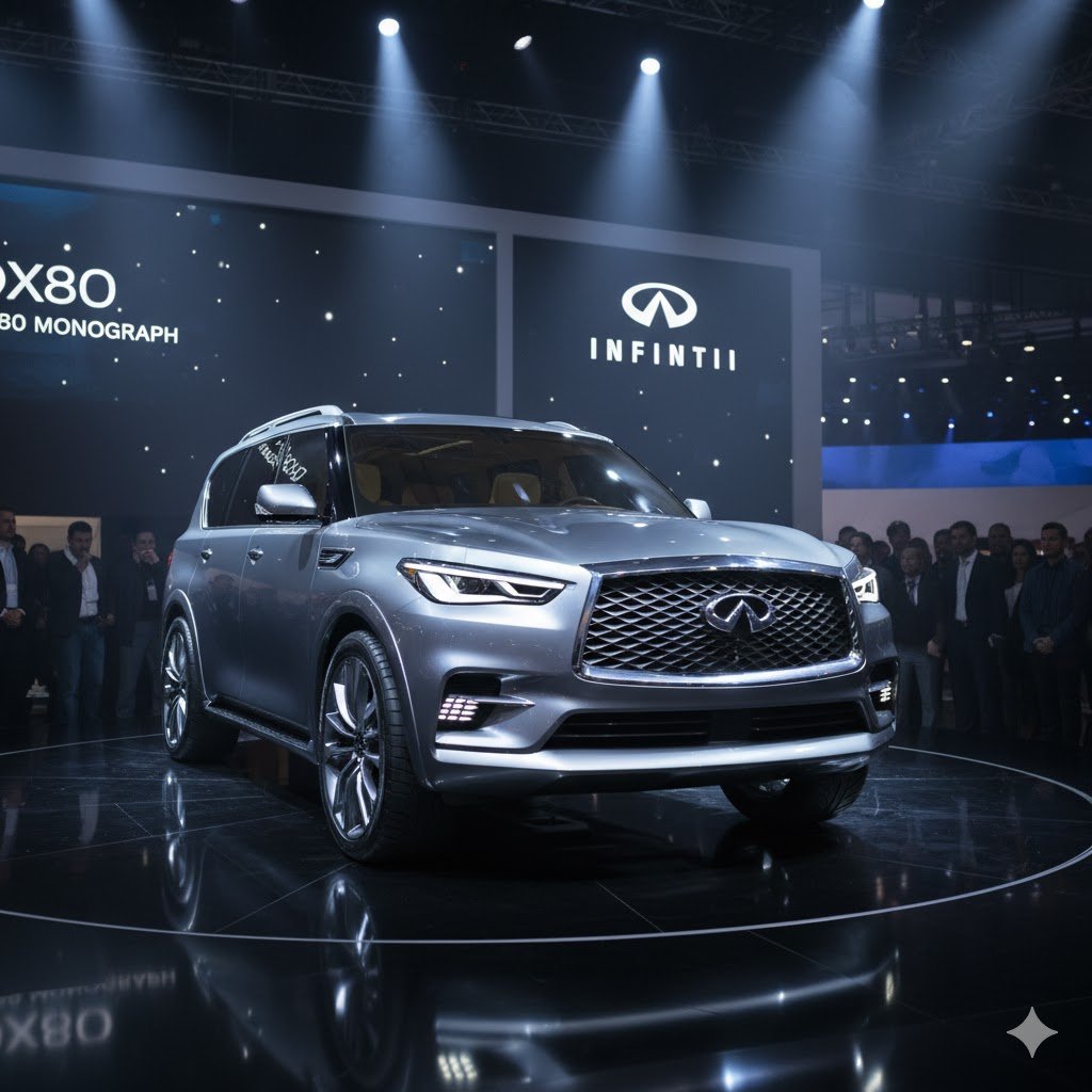 The Infiniti QX80 Monograph concept SUV on a display stage.